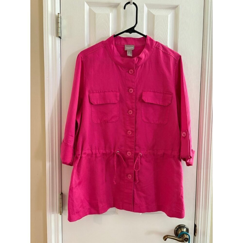 Chicos Button Down Top Jacket Magenta Linen Blend